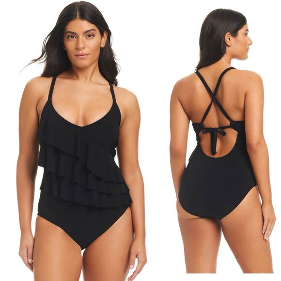 Beyond Control Swimwear Other - Beyond Control Swimwear Ruffle Black Solid One Piece Swimsuit NWOT 16 $139